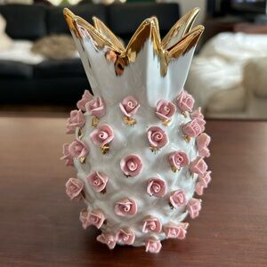 Elegant Gold and Pink Rose Pineapple Decor, MCM, 5.5” tall created by Lefton